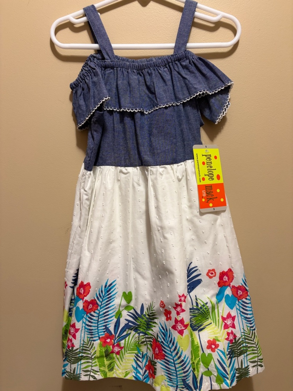 Penelope Mack Blue Chambray and White Tropical Floral Off-Shoulder Dress